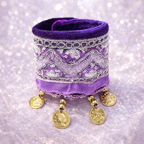 Hand Crafted Jewelry - PURPLE VELVET GYPSY COIN CHARM CUFF BRACELET TEXTILE FIBER ART LUXURY SIGNED 7’